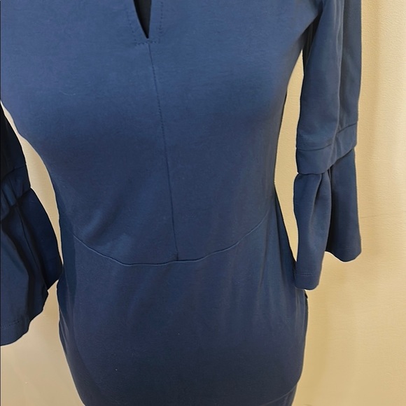 Navy Blue Sheath Dress with Mock Neck and Bell Sleeves for Work - Picture 7 of 12